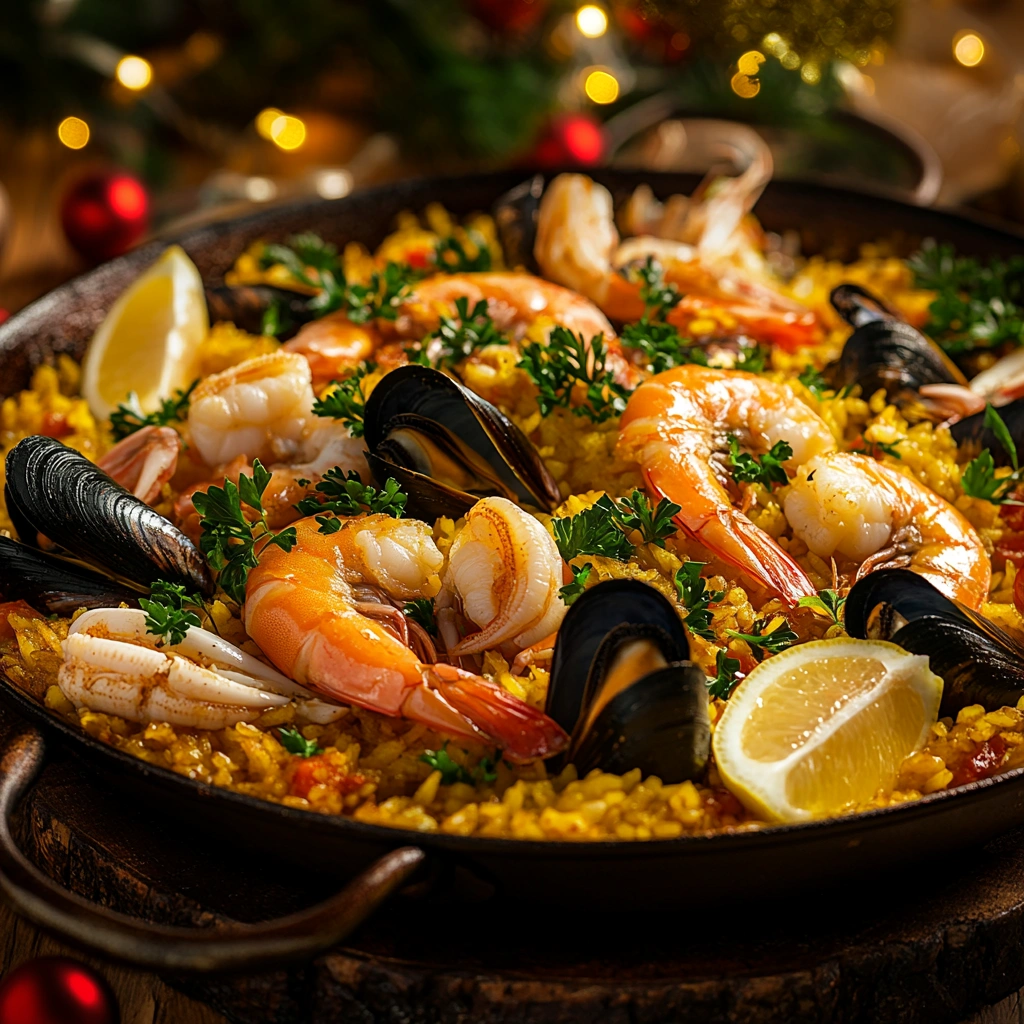 Paella de mariscos para la cena navideña