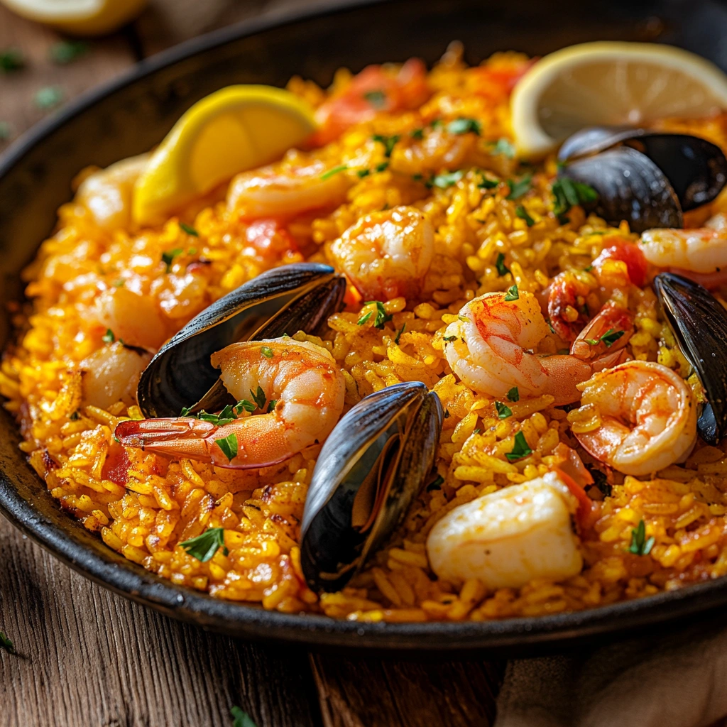 Paella de mariscos para la cena navideña